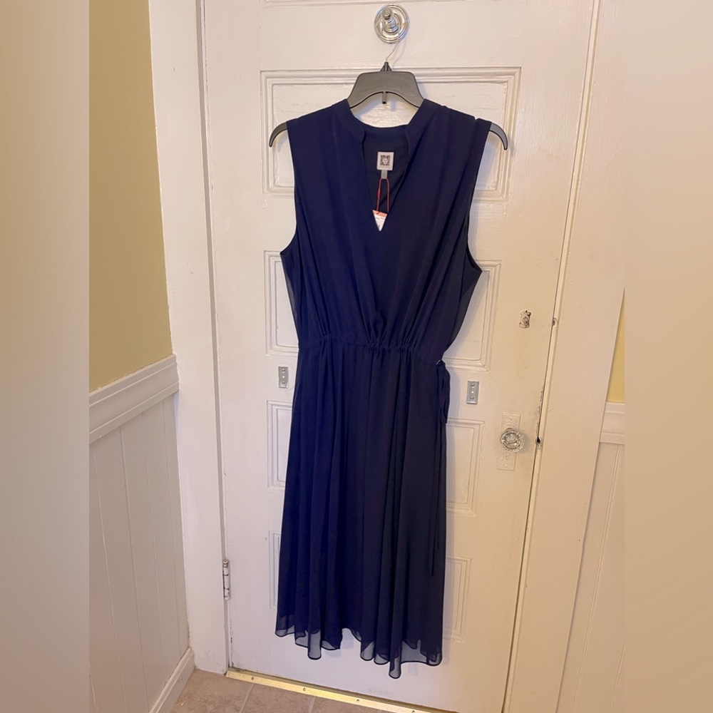 NWT 2X Anne Klein Navy Chiffon Drawstring Midi Dress